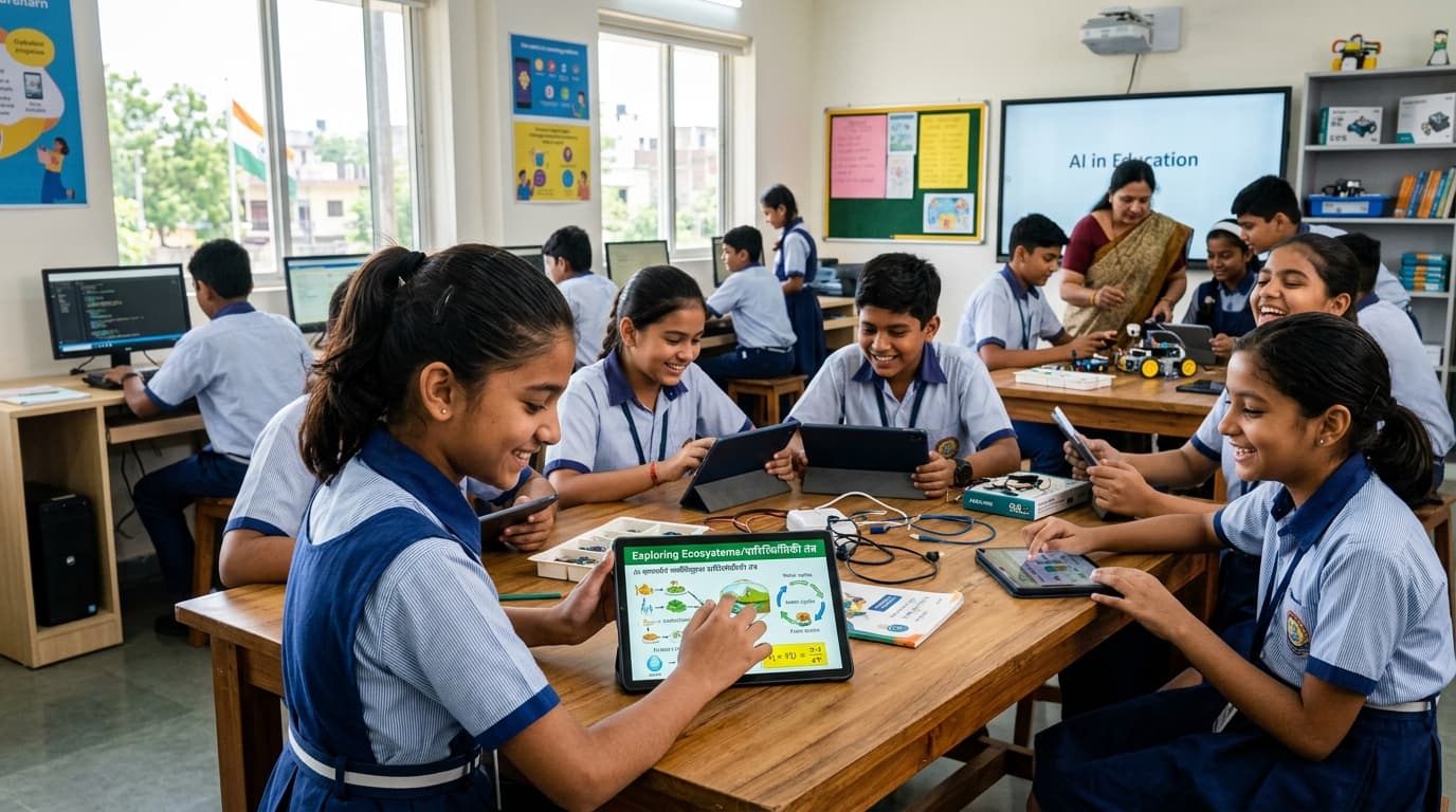 Indian Students in Modern Classroom with Multilingual AI Tablets and STEM Robotics Kit