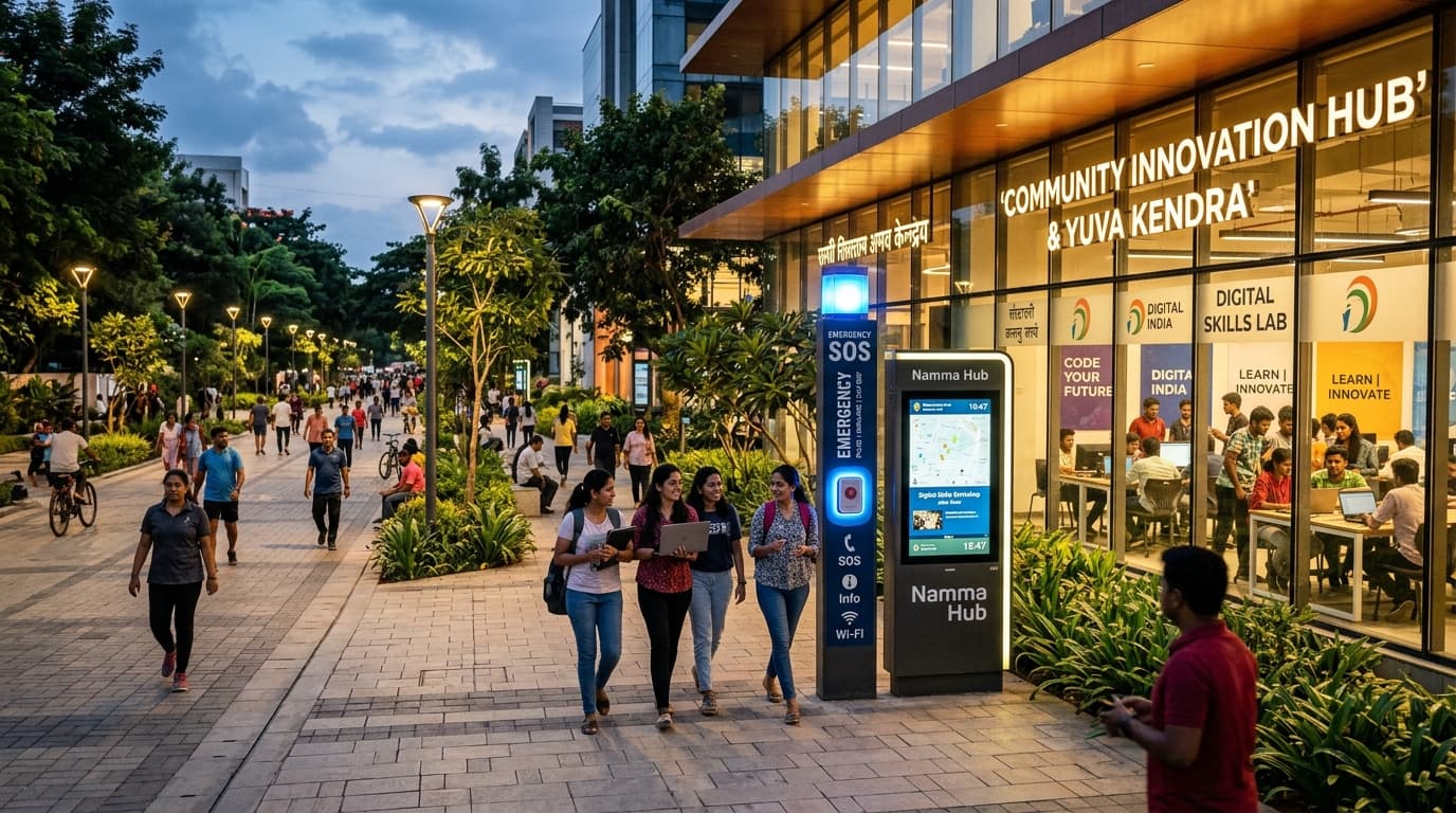 Safe Illuminated Indian Civic Boulevard with Emergency SOS Pillar and Yuva Kendra Innovation Hub